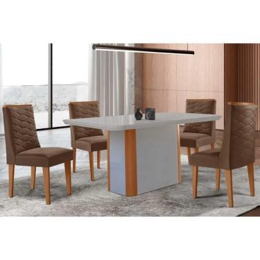 Imagem de Conjunto Sala de Jantar Pietá c/ Tampo Madeirado c/ Vidro Canto Curvo 120x80cm e 4 Cadeiras Dafne Madeira Maciça Naturale/Off White - Capuccino/Suede 