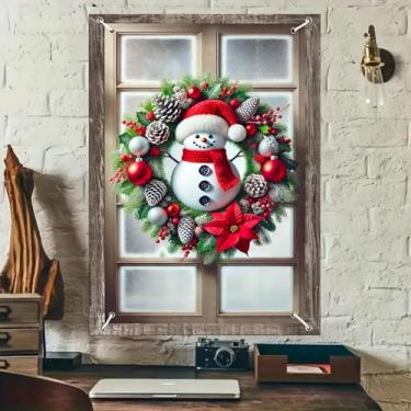 Imagem de BlissYard Decorações de janela de Natal, 81 x 128 cm, boneco de neve, chapéu de Papai Noel, cachecol vermelho, pinhas e bagas, decoração tradicional para decoração de interiores e exteriores