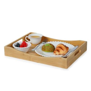 Imagem de Gobam Bandeja de servir de bambu com alças embutidas, bandejas grandes de café da manhã de madeira de 42 x 31,5 cm para cama, mesa de centro e otomana, bandeja decorativa retangular para entrada