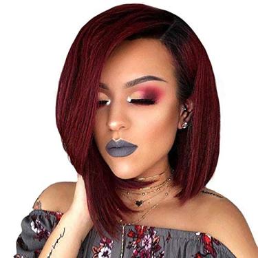 Imagem de Choshim Peruca de cabelo Ombre 99J Cor Curto Bob Lace Front Wig Virgem Remy Cabelo Humano Dois Tons Cor Borgonha Densidade 150% Parte do Meio Corte Sem Corte Peruca (20 cm, Cor 1B/99J)