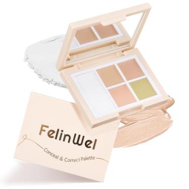Imagem de FelinWel Paleta corretora de cor para olheiras, vermelhidão e manchas, corretivo cremoso + pó de fixação para uso à prova de vincos 12H, fórmula hidratante, tom claro 01#