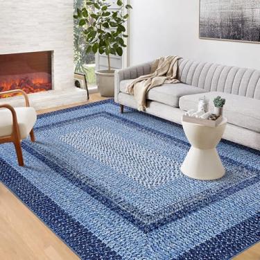 Imagem de GlowSol Tapetes laváveis 12 x 18 cm, tapete geométrico, moderno, trançado, ombré, para sala de estar, antiderrapante, para quarto, tapete para sala de jantar, sala de jogos, escritório, azul-marinho