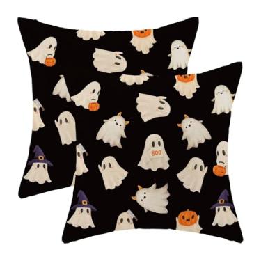 Imagem de Jecuwo Conjunto de 2 capas de travesseiro de Halloween 61 x 61 cm, Happy Halloween, fantasma engraçado, abóbora, decorativa, preto e branco, capa de almofada fantasma para sofá, sala de estar