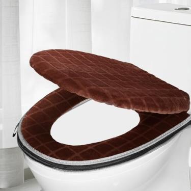 Imagem de HADEEONG Conjunto de capa de assento de vaso sanitário e tampa de vaso sanitário, almofada macia para assento de vaso sanitário com zíper ajustável, suporte de borracha, aquecedor de assento de vaso
