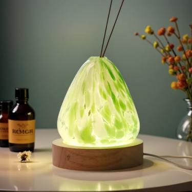 Imagem de Wisifayardin Vaso de vidro verde soprado à mão 8 cm em forma de vulcão/base de madeira USB - aromaterapia e decoração floral (casamento/escritório/presente)