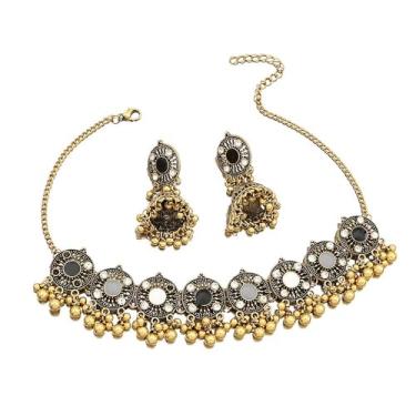 Imagem de Colar tradicional com contas de Bollywood Jhumka Tribo Colar Pingente Brincos de Gota Conjunto de Joias para Mulheres Vintage Cristal CZ Sino Indiano Gargantilha Ajustável Boho Noiva Acessório de