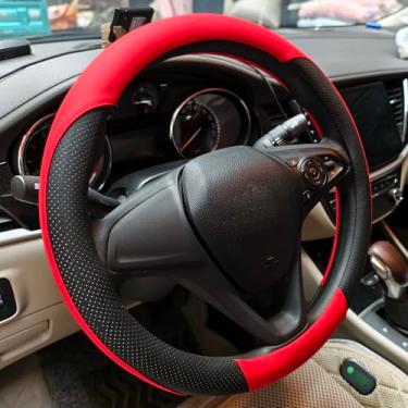 Imagem de Capa de volante de couro perfurado respirável, pega universal para volante de carro de 38 cm, macia e confortável, respirável e antiderrapante, adequada para sedans, vans, SUVs (vermelho)