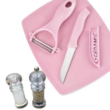 Imagem de Kit Descascador e Faca de INOX com MINI Tábua, Rosa, 3 Peças, 19,5cm, para Legumes e Frutas + Moedor de Sal e Pimenta em Acrílico, 11cm