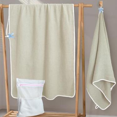 Imagem de VOOVA & MOVAS Toalhas de banho bege waffle 2 peças, 144,8 cm x 83,8 cm - secagem rápida, fiapos baixos, macio, 100% algodão com tubulação branca e laços para pendurar, conjunto de toalhas de luxo para