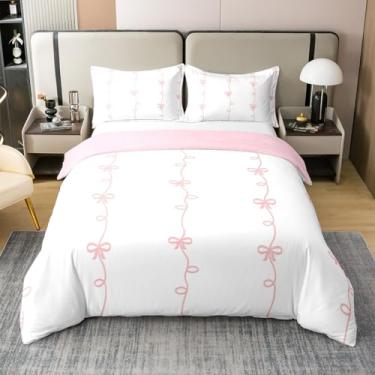 Imagem de Jogo de cama King com laço, linhas rosas, capa de edredom 100% algodão, 3 peças, decoração de quarto de crianças, adolescentes, meninas, mulher, borboleta, laço 3D, branco, moderno, doce, capa de