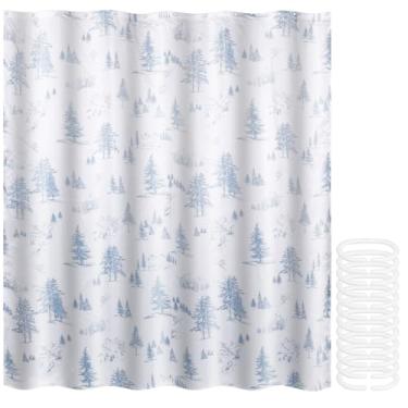 Imagem de Cortina de chuveiro de banheiro com estampa de pinho de montanha de neve à prova d'água com 12 ganchos de plástico, lavável na máquina e resistente a mofo, bainha pesada, adequada para fundo de