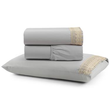 Imagem de Jogo Cama Lençol Haia Solteiro Percal 200 Fios 100% Algodão Guipir Bordado Inglês 3 Peças - Cinza