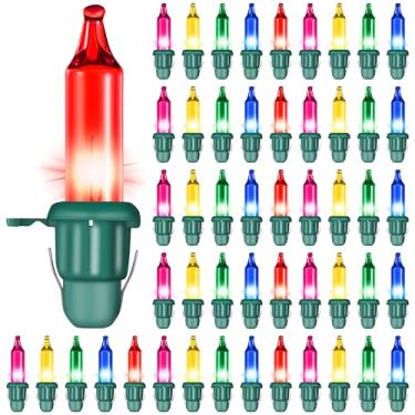 Imagem de 50 lâmpadas de substituição para árvore de Natal cintilante, lâmpadas de corda de árvore de Natal multicoloridas incandescentes de 2,5 volts com base verde para decoração de Natal em ambientes