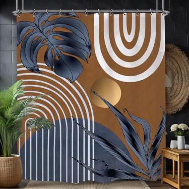 Imagem de Yookeb Cortina de chuveiro abstrata azul marinho marrom 152 W por 188 cm altura moderna, minimalista, folhas de plantas, estética neutra vintage, contemporânea, 12 ganchos de plástico, decoração à