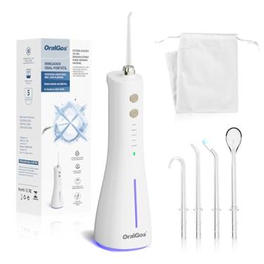 Imagem de OralGos Irrigador Bucal Portátil, com Esterilização UV Water Flosser Elétrico Sem Fio, 300ML, 5 Modos de Limpeza, USB Recarregável, IPX7 À Prova D’Água, 4 Bicos Substituíveis, Viagem e Uso Doméstico (Branco)