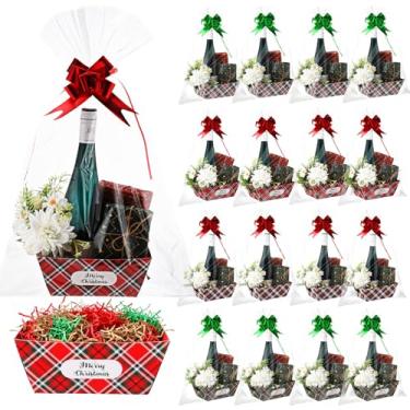 Imagem de Fulmoon Conjunto de 20 cestas de presente de Natal a granel, cesta vazia de Natal com alças, laços de puxar, sacos de presente transparentes, ráfia, caixa listrada de doces de Natal para decoração de
