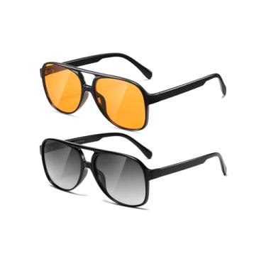 Imagem de (Pacote com 2) Óculos de sol aviador retrô para mulheres, masculinos, armação grande, clássico, vintage dos anos 70, aviadores, C4+c1