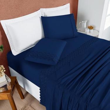 Imagem de Jogo de Lençol 4 Peças King/Queen Size/Casal Padrão/Solteiro 200 Fios Com Lese Bordado Inglês(Marinho,Super King 4 Peças)