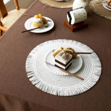 Imagem de Jogo americano de tecido redondo para mesa de jantar, jogo americano de juta natural com borlas boho trançado, tapetes de mesa resistentes ao calor para uso interno e externo, decoração de cozinha