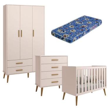 Imagem de Quarto de Bebê Isis 3 Portas com Gaveteiro Rosa Acetinado e Colchão Or