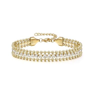 Imagem de FANZE Pulseira feminina com strass dourado, simples, delicada, estilo boêmio, multicamadas, contas de cristal, pulseiras, joias, Medium, Zinco, Sem Pedra Preciosa