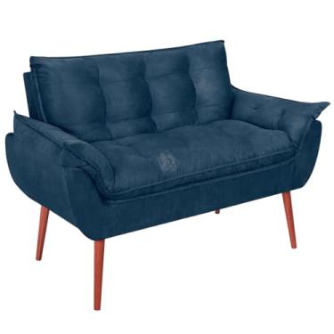 Imagem de Namoradeira Opala 2 Lugares Retrô Suede Luxo - Sofá Compacto Pés Palito Madeira Maciça - Ideal Sala Estar/Recepção/Consultório (VIT DECOR) (Azul Marinho)
