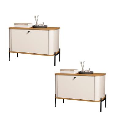 Imagem de Kit 2 Mesa De Cabeceira Quarto Tucupí 1 Porta E Pés De Metal Off White-Nature-Preto