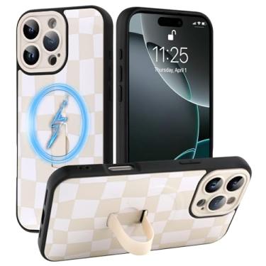 Imagem de SOKAD Capa quadriculada magnética para iPhone 16 Pro com suporte de alça de dedo, compatível com Magsafe, lindo tabuleiro de xadrez projetado para mulheres e homens, capa de proteção completa para