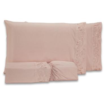 Imagem de Jogo De Cama Lençol Blossom Bordado Floral Percal 300 Fios Com Fronhas Queen 04 Peças - Toque Acetinado Cor Rosê