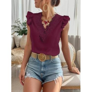 Imagem de Blusa Feminina Branca de Verão - Chiffon, Sem Mangas, com Renda e Slim