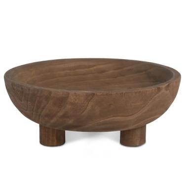 Imagem de DN DECONATION Tigela decorativa de madeira com base de tripé 27 cm - Suporte de chave de frutas e doces de madeira marrom com pé para mesa de jantar, decoração de mesa central rústica para decoração