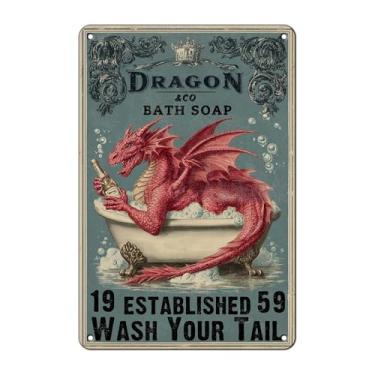 Imagem de Dragon Bathtub Tin Sign Dragon Company Sabonete de banho vintage decoração de parede de banheiro arte de metal rústico para casa e spa 30 x 20 cm