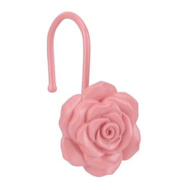 Imagem de Ganchos de cortina de chuveiro rosa de metal, ganchos resistentes à ferrugem para varões de cortina de chuveiro, conjunto de 12, flores de rosa de banheiro, design resistente, linda decoração floral