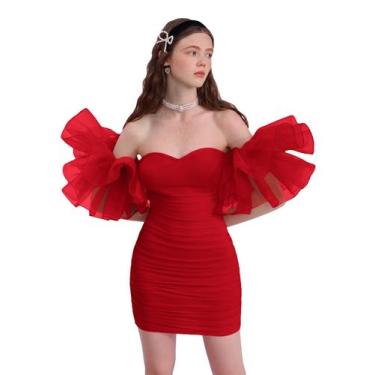 Imagem de Vestido feminino WDIRARA, sem ombros, baile, malha franzida, vermelho 