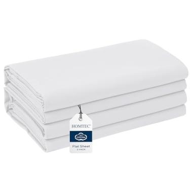 Imagem de HOMTEC Lençol de cima solteiro/solteiro GG, pacote com 2, 100% algodão, percal, lençol de cima branco respirável e durável para hospital, hotel, dormitório (170 x 256 cm, branco)