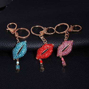 Imagem de Chaveiro de strass círculo de carro, design de lábio vermelho, pingente de bolsa elegante com pingente de cristal para mulheres, chaveiro de bolsa para presentes, cravejado de pedra azul, presentes de