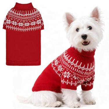 Imagem de EXPAWLORER Suéter de tricô para cachorro com gola rolê – roupas de cachorro Fair Isle Design de floco de neve, suéter quente para filhotes, roupa de inverno estilo britânico, pulôver para cães