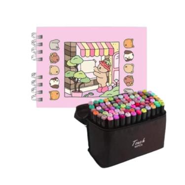 Imagem de Kit Livro de Colorir Capa Dura com protetor em acetato e Estojo com 80 Canetas Coloridas Duas Pontas para Crianças e Adultos (Rosa)