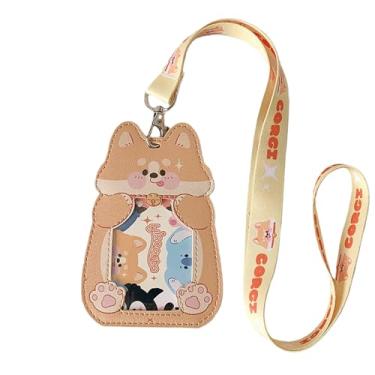 Imagem de Cordão de crachá fofo com desenho animado de cachorrinho, porta-cartão de identificação, chaves Kawaii, cordão de pescoço, cordão de couro PU, suporte para crachá para mulheres, meninas e meninos