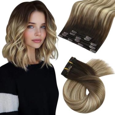 Imagem de Moresoo Clip In Hair Extensions Balayage Remy Humano Castanho Escuro Ombre Médio Misto Loiro Dourado 5 Peças 80G 12 Polegadas
