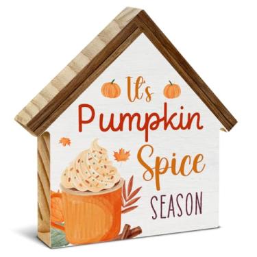 Imagem de Decoração de casa de outono, placa de bloco de madeira em forma de casa com especiarias de abóbora, decoração de outono e especiarias, decorações de cozinha de outono para prateleira de mesa de mesa