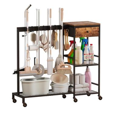 Imagem de Unionly Carrinho de limpeza de metal resistente com rodas, suporte de vassoura com organizador de materiais de limpeza, carrinho de armazenamento de vassoura com gancho de esfregão ganchos para casa