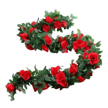 Imagem de Dzrige Flores artificiais de videira rosa de 2,5 m, guirlanda de rosas vermelhas, flores falsas, vinha, flores de rosas penduradas para o dia dos namorados, casa, escritório, festa de casamento
