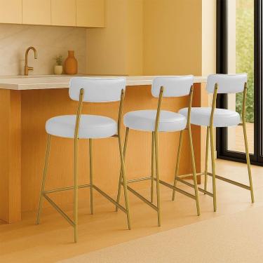 Imagem de Banqueta Cozinha Média Com Encosto Industrial Dourado Kit 3 Londres Pu Branco D03 - D'rossi