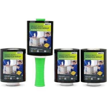 Imagem de Mini rolo de filme elástico preto, 1,2 m x 1000 pés, 4 pacotes com 1 alça de plástico, envoltório de plástico industrial autoaderente para embalagem de paletes, embalagem resistente, movimento