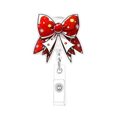 Imagem de Carretel de crachá de Natal engraçado com laço vermelho, clipe retrátil para enfermeira médica, floco de neve, nome, identidade, enfermeira, crachá, carretéis de acrílico, clipe jacaré para