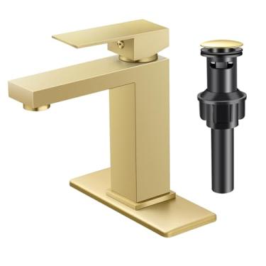Imagem de Torneira de pia de banheiro de alça única ouro escovado PONAFOU torneira de vaidade de aço inoxidável com ralo pop-up e deck