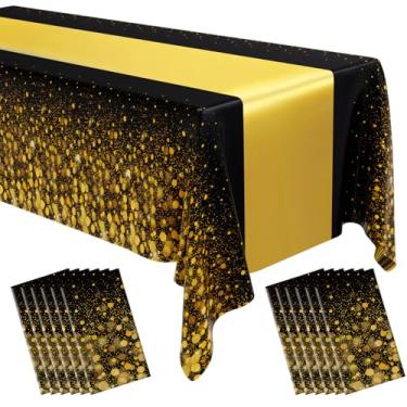 Imagem de Remagr 12 peças de toalha de mesa preta e dourada para decoração de festa, toalha de mesa retangular de plástico preto dourado com bolinhas estampadas, 137 x 272 cm para festa de aniversário de