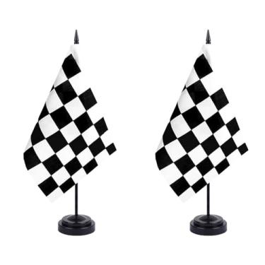 Imagem de JBSJBS Bandeira de mesa quadriculada preta e branca 30,5 cm, conjunto de luxo, bandeiras de corrida, mini bandeiras de mesa quadriculadas pequenas com base de suporte preto e decorações de mesa