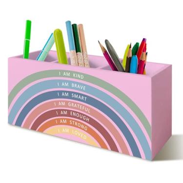 Imagem de YTRGI Porta-lápis Boho Rainbow Positive Affirmations para sala de aula, mesa de escritório, I Am Kind Brave, inteligente, inspiradora, escova de dentes, organizador para penteadeira de banheiro (rosa)